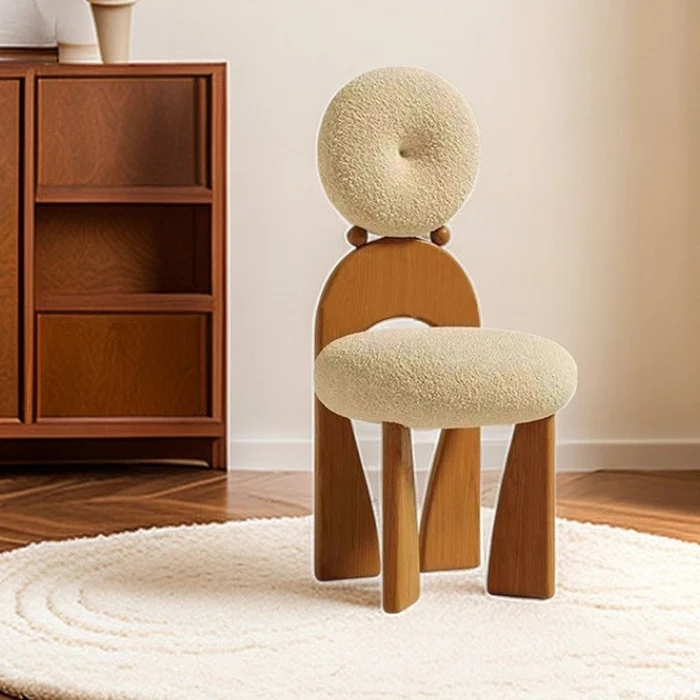 Traditional Vintage Round Curved Sherpa Fabric Solid Wood Vanity Stool Backrest Armless For Bedroom