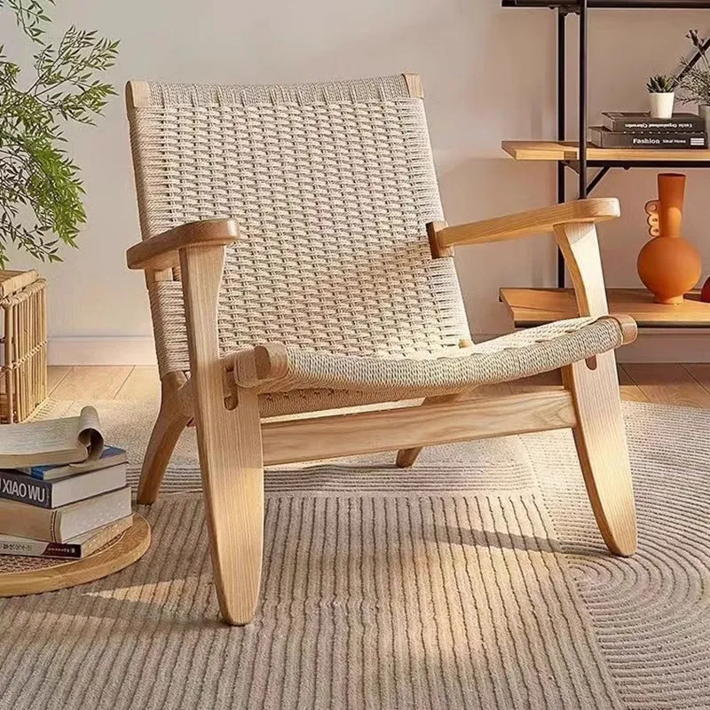 Traditional Japanese Square Ash Wood Kraft Paper Rope Dining Chair Backrest Armrest For Dining Room