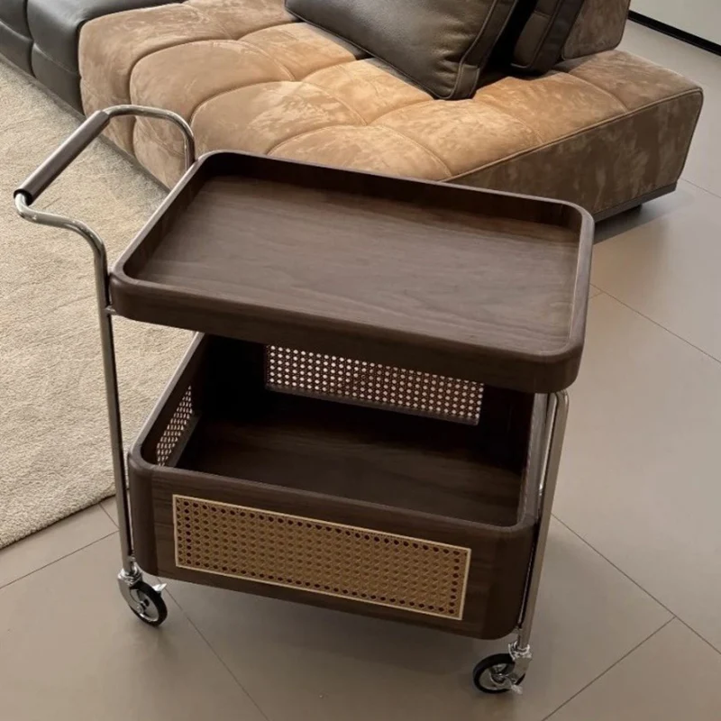 Contemporary Retro Weaving Imitation Rattan PE Wood Stainless Steel Rectangular Movable End Table 2-Tier Storage For Living Room