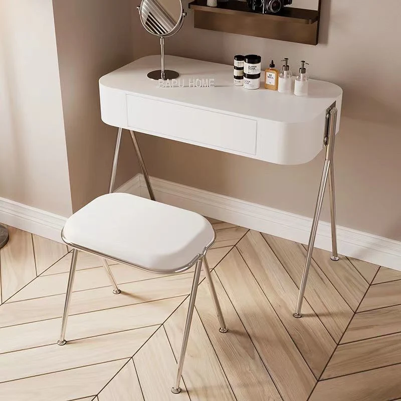 Modern Minimalist MDF Stainless Steel Rectangular Makeup Vanity & Stool 1-Drawer For Bedroom