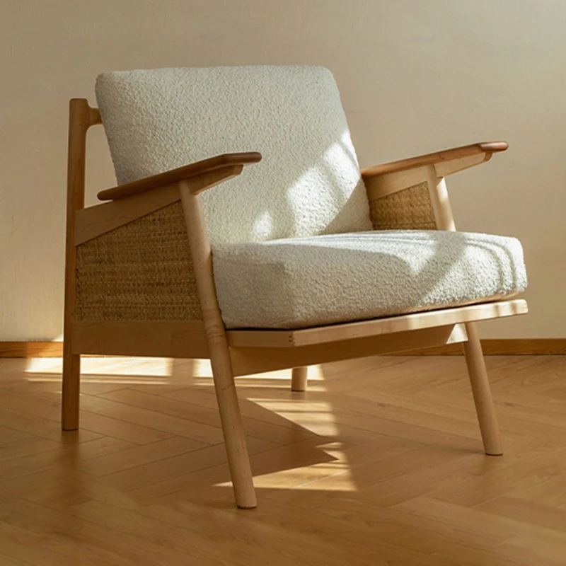 Contemporary Scandinavian Square Rattan Ash Wood Accent Chair Backrest For Living Room