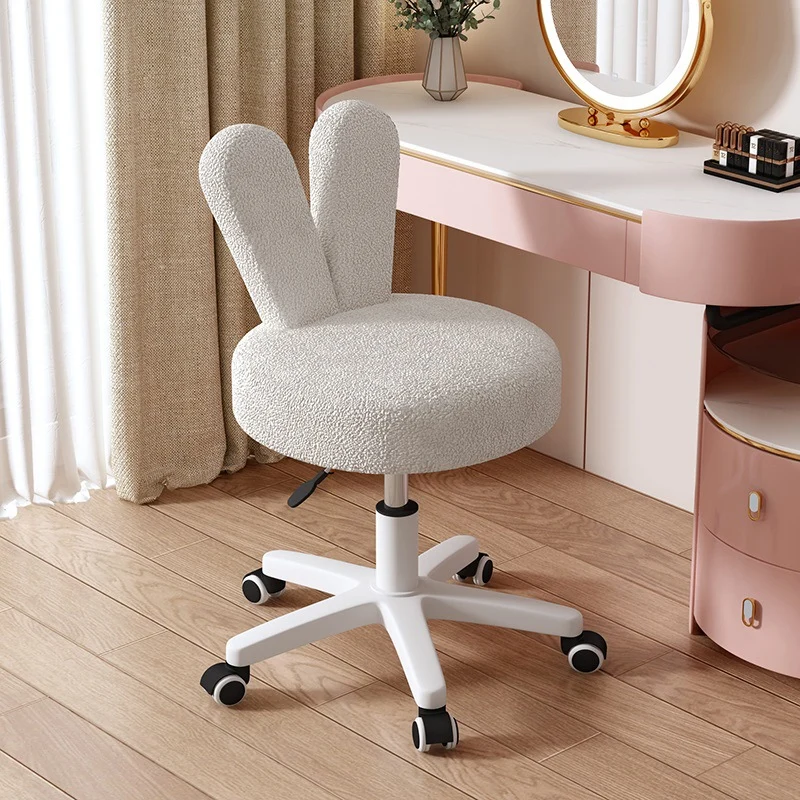 Contemporary Creative Round Rabbit Shape Backrest Sherpa Fabric Metal Frame Vanity Stool For Bedroom