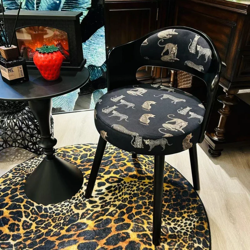 Contemporary Retro Swivel Round Upholstered Solid Wood Frame Fabric Vanity Stool Backrest For Bedroom