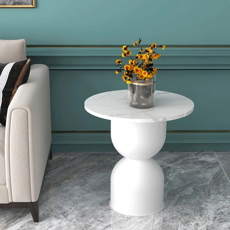 Contemporary Scandinavian Cylinder Round Marble Iron End Table 1-Tier For Living Room