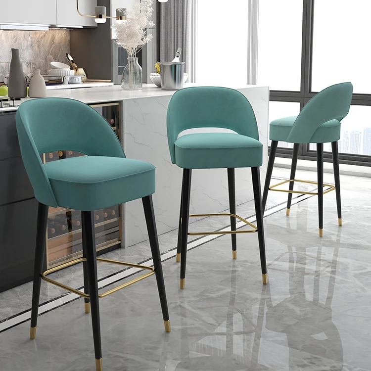 Modern Luxury Square High Resilience Foam Matte Velvet Iron Bar Stool Backrest For Kitchen