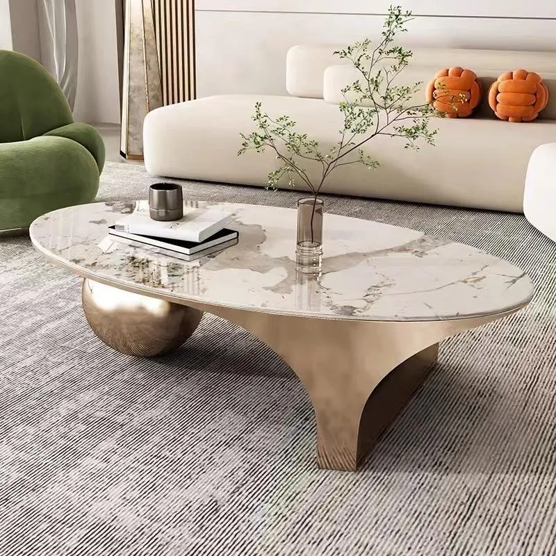Contemporary Creative Oval Round Ball Marble Metal End Table 1-Tier For Living Room