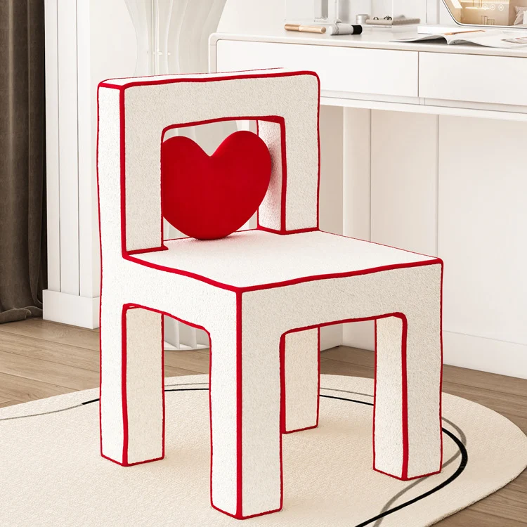 Contemporary Creative Love Lines Sherpa Fabric Plywood Vanity Stool Backrest Armless For Bedroom