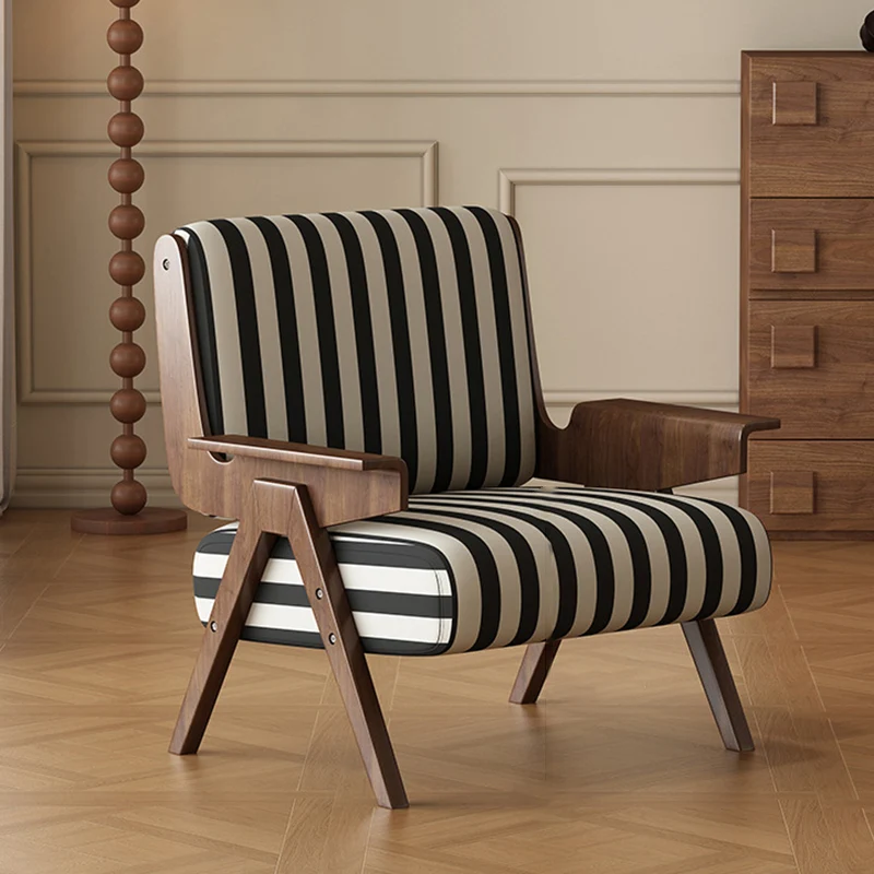 Traditional French Rectangular Striped Fabric Ash Wood Accent Chair Backrest Armrest For Living Room