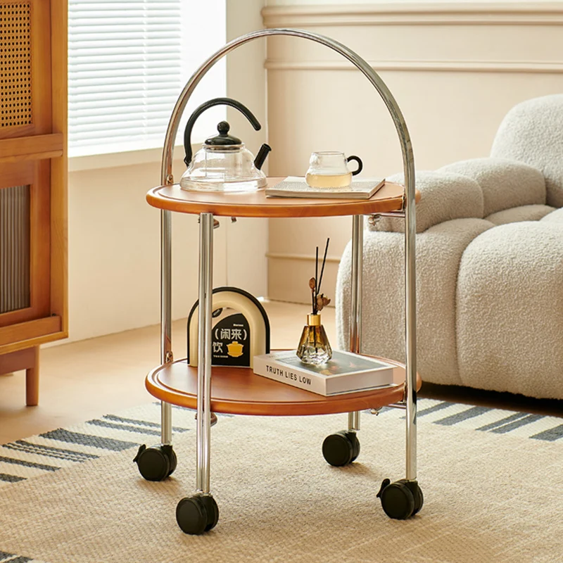 Contemporary Retro Removable Foldable Round Solid Wood Stainless Steel Frame End Table 2-Tier For Living Room
