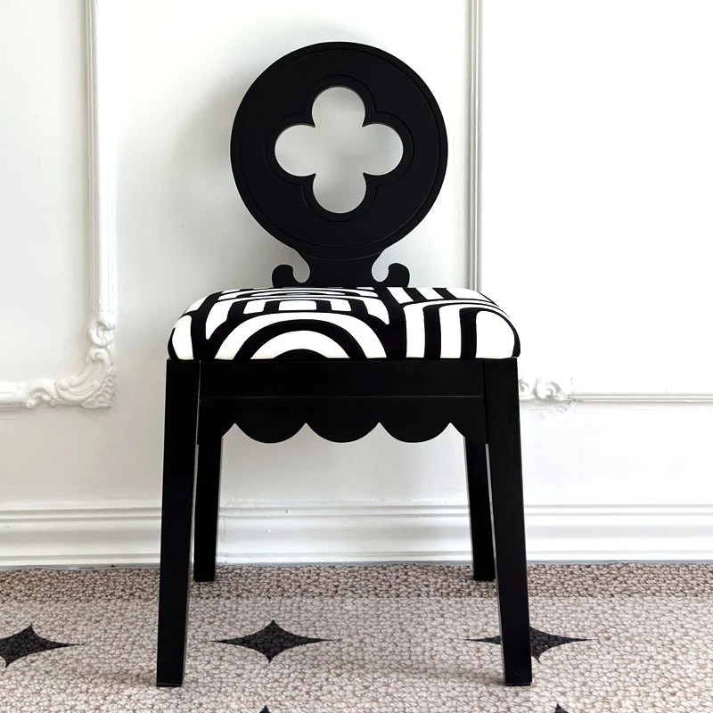 Traditional French Round Clover Backrest Square Upholstered Fabric Solid Wood Vanity Stool For Bedroom