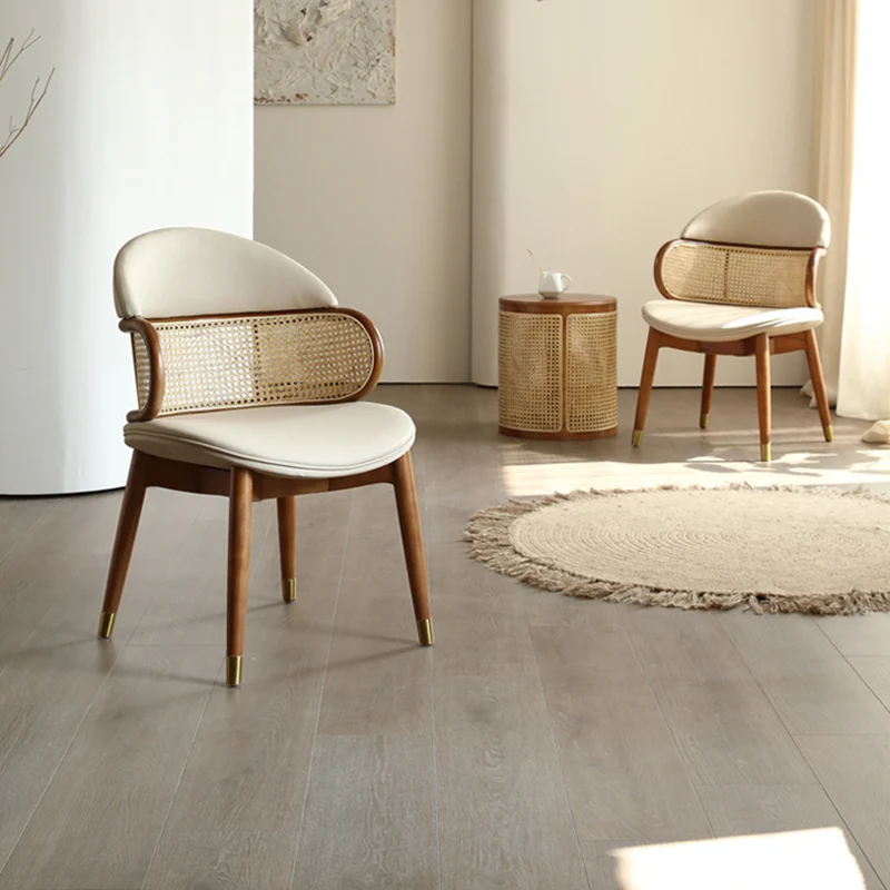 Contemporary Scandinavian U-shaped Curved Round Microfiber Leather Rattan Ash Wood Brass Dining Chair Backrest For Dining Room