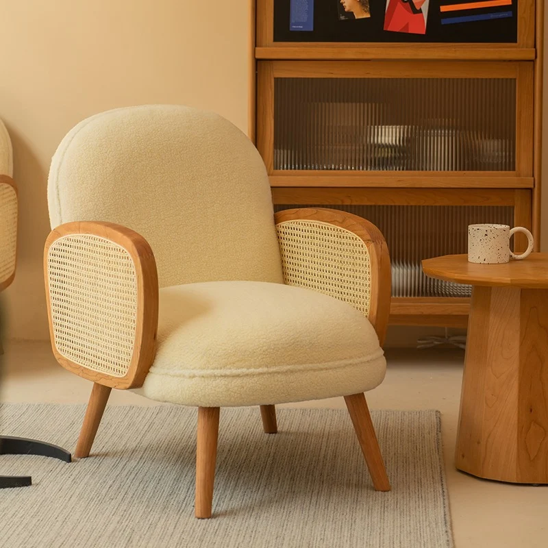 Traditional Japanese Half Round Curved Sherpa Fabric Rattan Accent Chair Backrest Armrest For Living Room