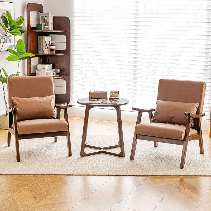 Traditional Japanese Bent Rectangular Square Trapezoidal Faux Leather Solid Wood Accent Chair Backrest Armrest For Living Room