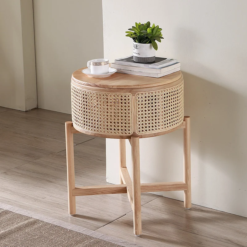 Traditional Vintage Round Rattan Weaving Ash Wood Frame End Table 1-Storage Cabinet For Living Room