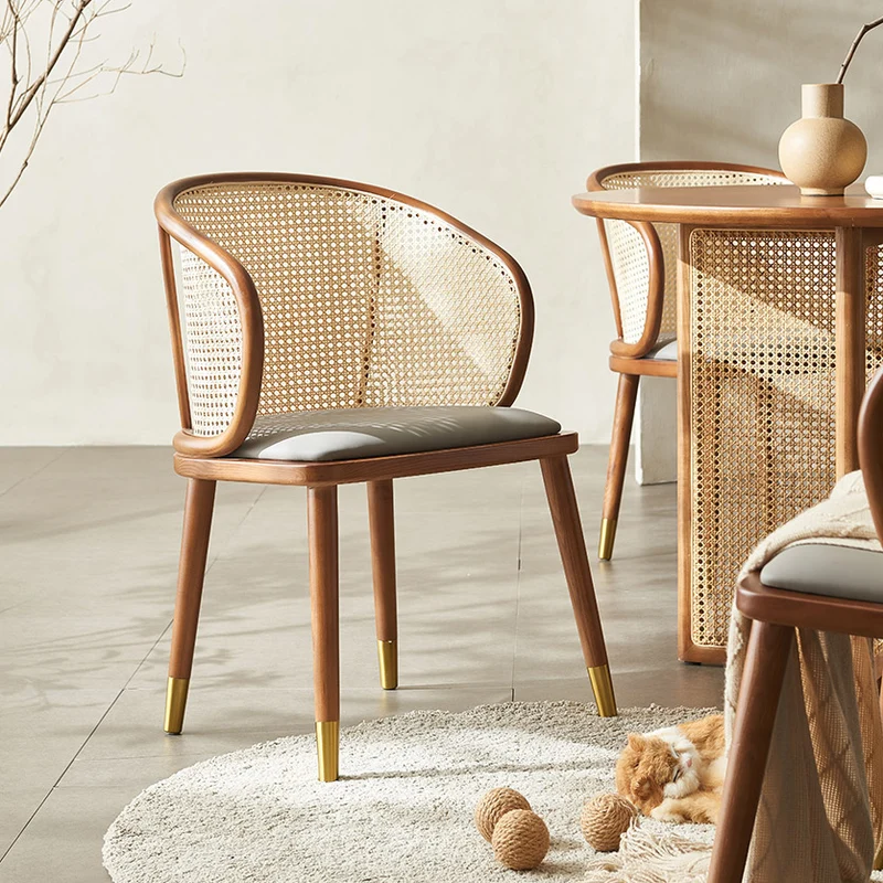 Contemporary Scandinavian Oval Back PU Leather Rattan Ash Wood High Resilience Foam Dining Chair Backrest For Dining Room