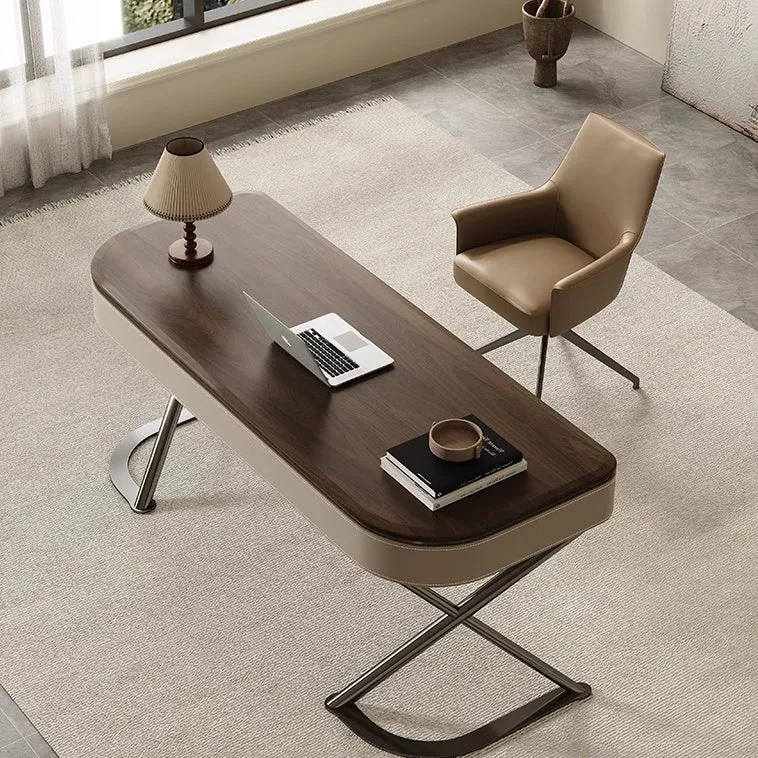 Modern Minimalist Saddle-Style Faux Leather Wood Stainless Steel Oval X-Shape Leg Desks 2-Drawer For Home Office