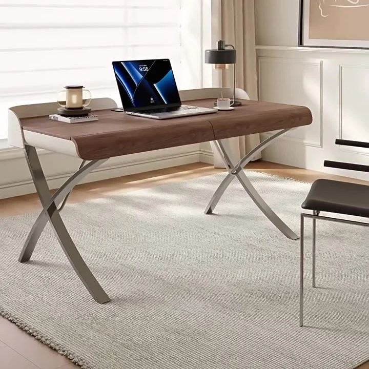 Modern Transitional Saddle-Style Faux Leather Plywood Stainless Steel X-Shape Leg Wraparound Baffle Rectangular Desks 2-Drawer For Home Office