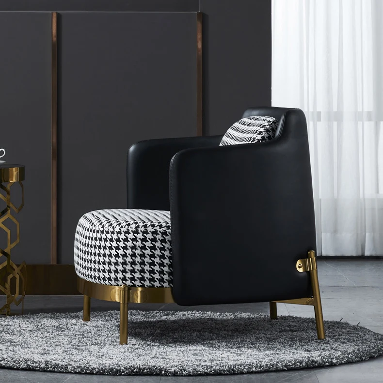 Contemporary Scandinavian Round Kilobird Check Faux Leather Fabric Metal Sponge Accent Chair Backrest Armrest For Living Room