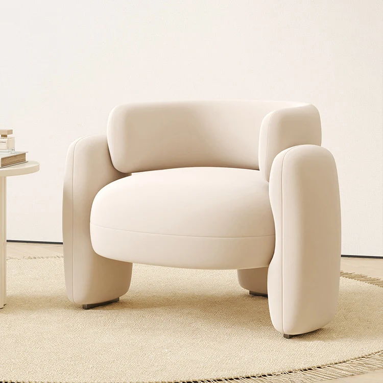Contemporary Scandinavian Cream Round Curve Plywood Eucalyptus Wood Velvet Accent Chair Backrest Armrest For Living Room