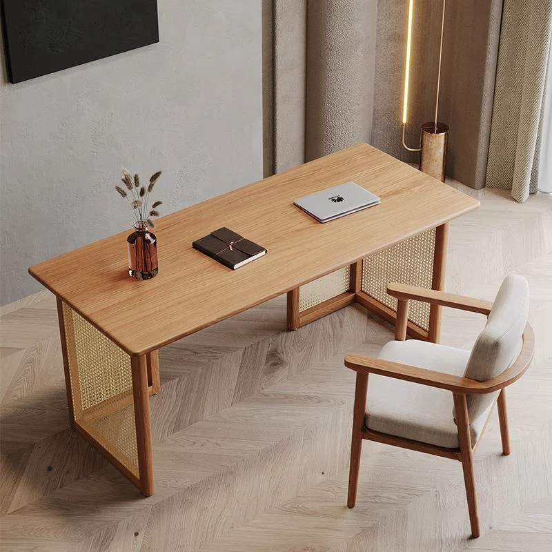 Traditional Japanese Weaving Imitation Rattan Wood Rectangular Desks 3-Drawer For Home Office