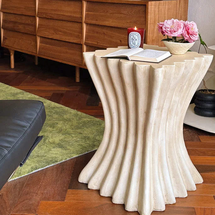 Contemporary Retro Magnesium Oxide Cookie Striped Column End Table 1-Tray For Living Room