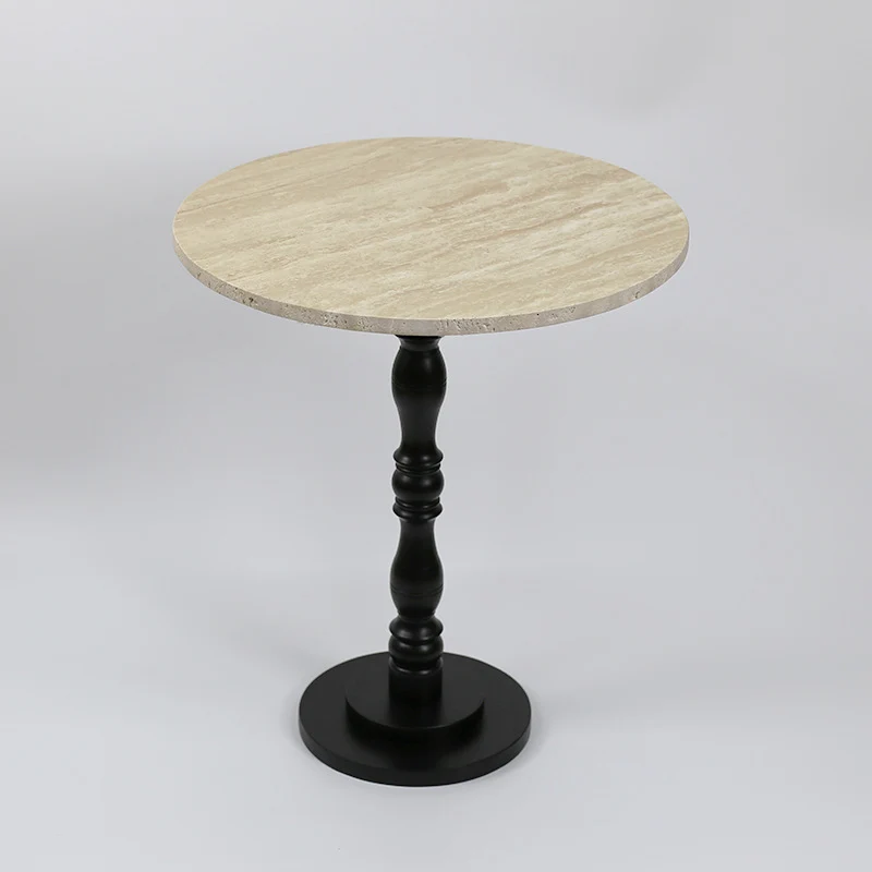 Contemporary Scandinavian Round Roman Column Terrazzo Travertine Wood End Table For Living Room