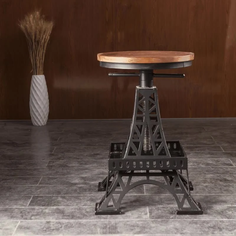 Contemporary Creative Round Pine Wood Iron Eiffel Tower Design Height Adjustable Swivel Bar Stool Footrest For Dining Room