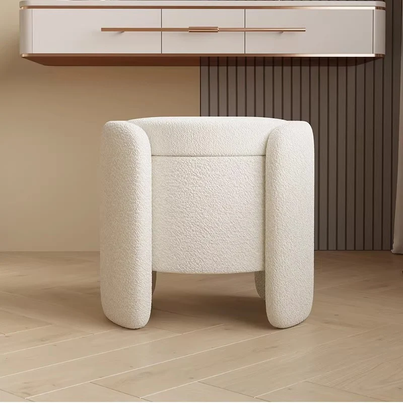 Contemporary Nordic Cream Storable Round Cylinder Plywood Sherpa Fabric Vanity Stool For Bedroom