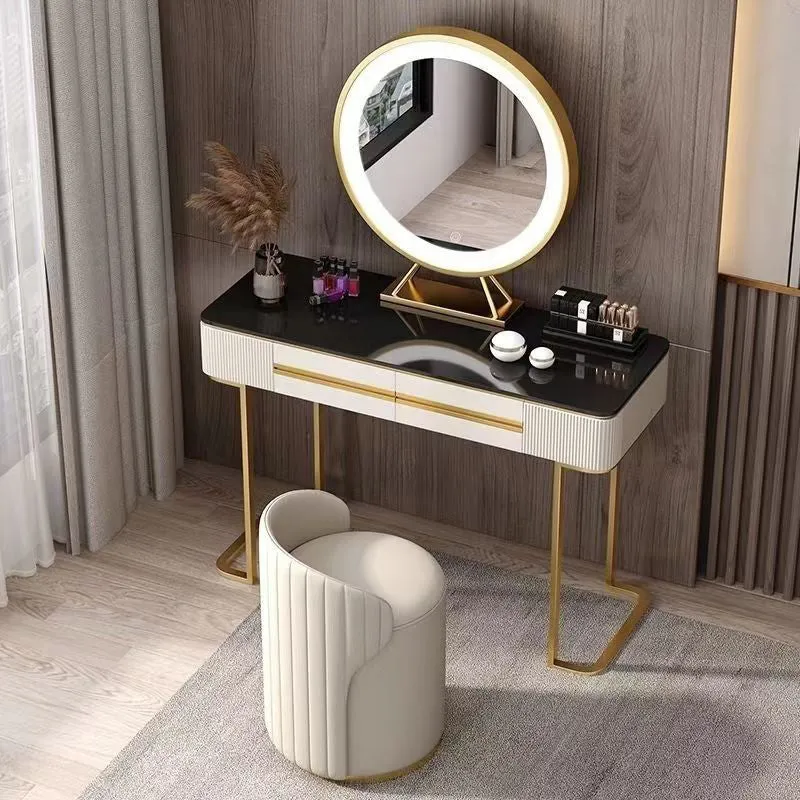 Modern Minimalist Cylindrical Striped Microfiber Leather Solid Wood Frame Metal Base Vanity Stool For Bedroom