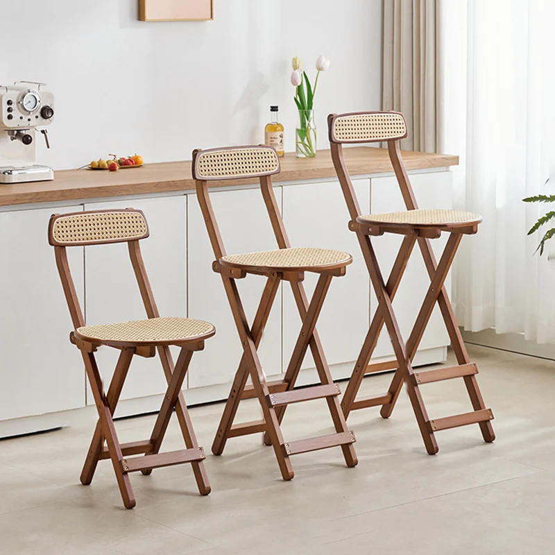Traditional Japanese Weaving Resin Bamboo Oval Foldable Bar Stool Backrest Footrest For Kitchen