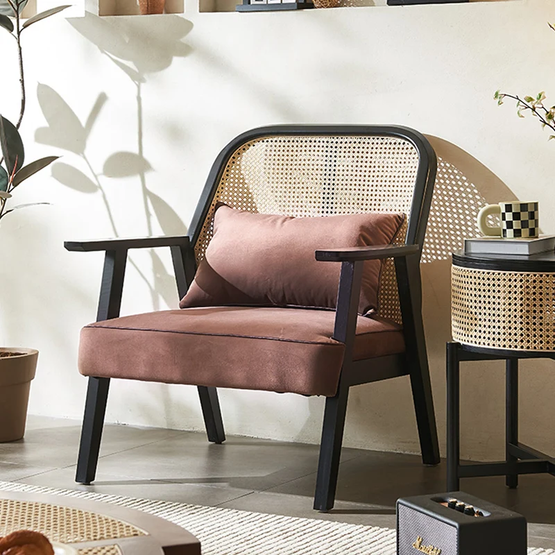 Contemporary Retro Square Ash Rattan Weaving Fabric Upholstery Dining Chair Backrest Armrest For Living Room