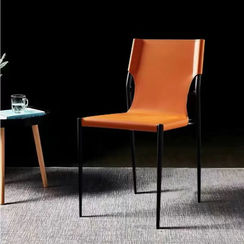Contemporary Scandinavian Hard Leather Square Faux Saddle Synthetic leather Carbon Steel Metal Dining Chair Backrest For Dining Room