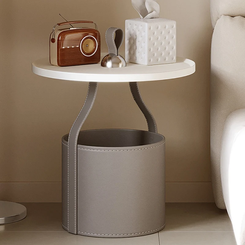 Contemporary Scandinavian Round Cylinder Drum Stainless Steel Sheet Saddle-Style Faux Leather Metal End Table 1-Tier For Living Room