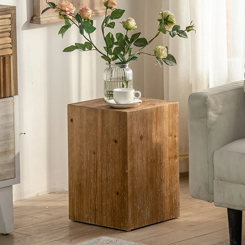 Traditional Vintage Fir Wood Cylinder Square Wood Grain End Table For Living Room