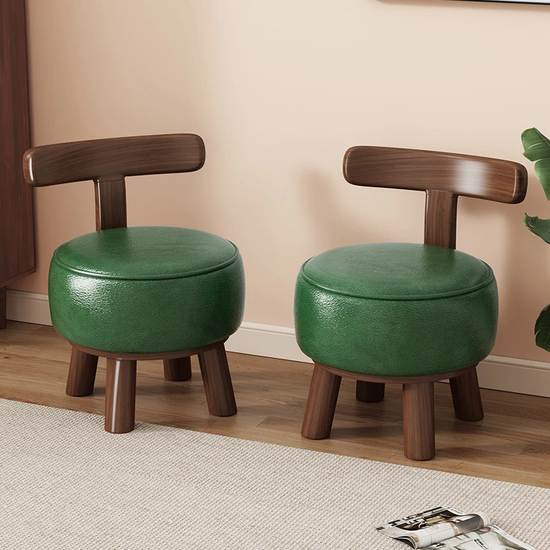 Contemporary Retro Faux Oil-waxed Leather Wood Sponge Round Low Stool Swivel Backrest For Living Room