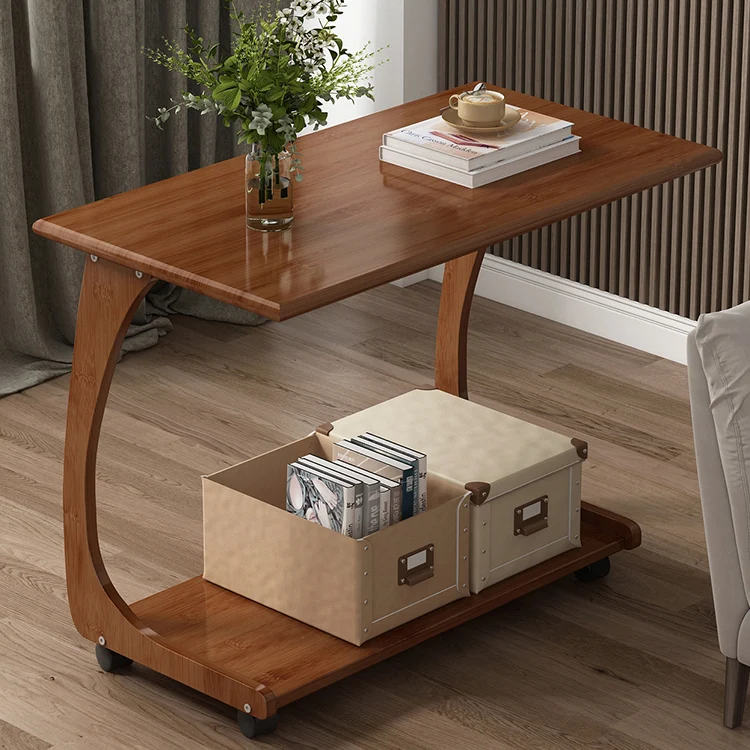 Modern Minimalist Removable Rectangular Nan Bamboo Plank MDF End Table 2-Tier For Living Room