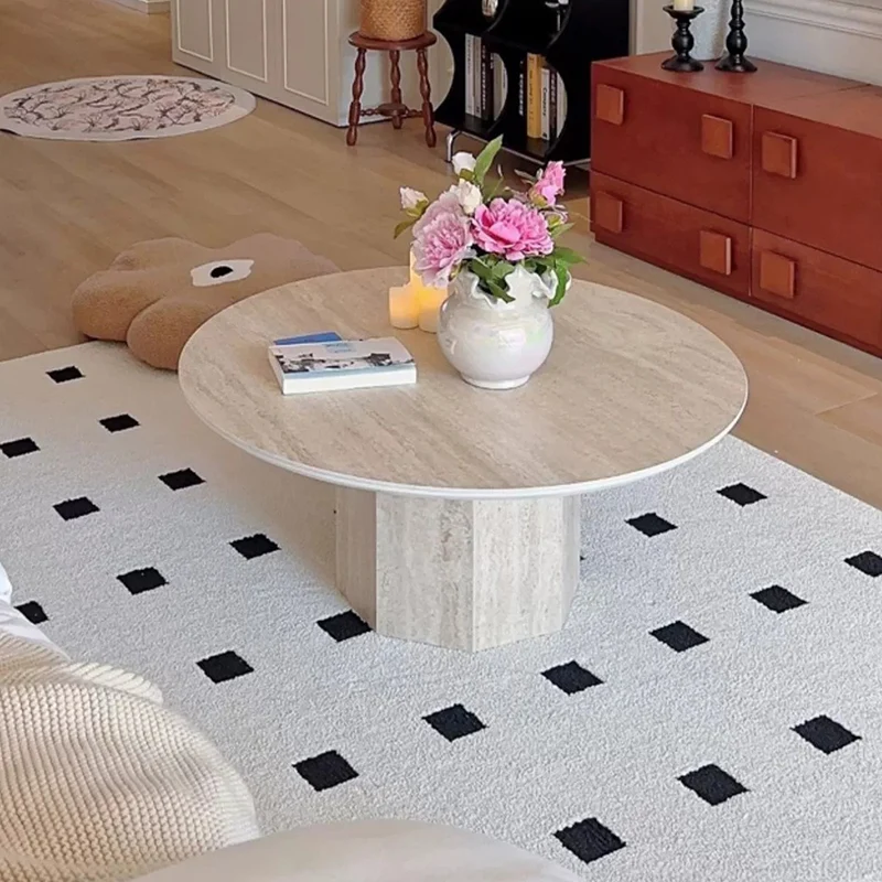 Traditional Vintage Round Hexagonal Rock Slab Wood End Table 1-Tier For Living Room