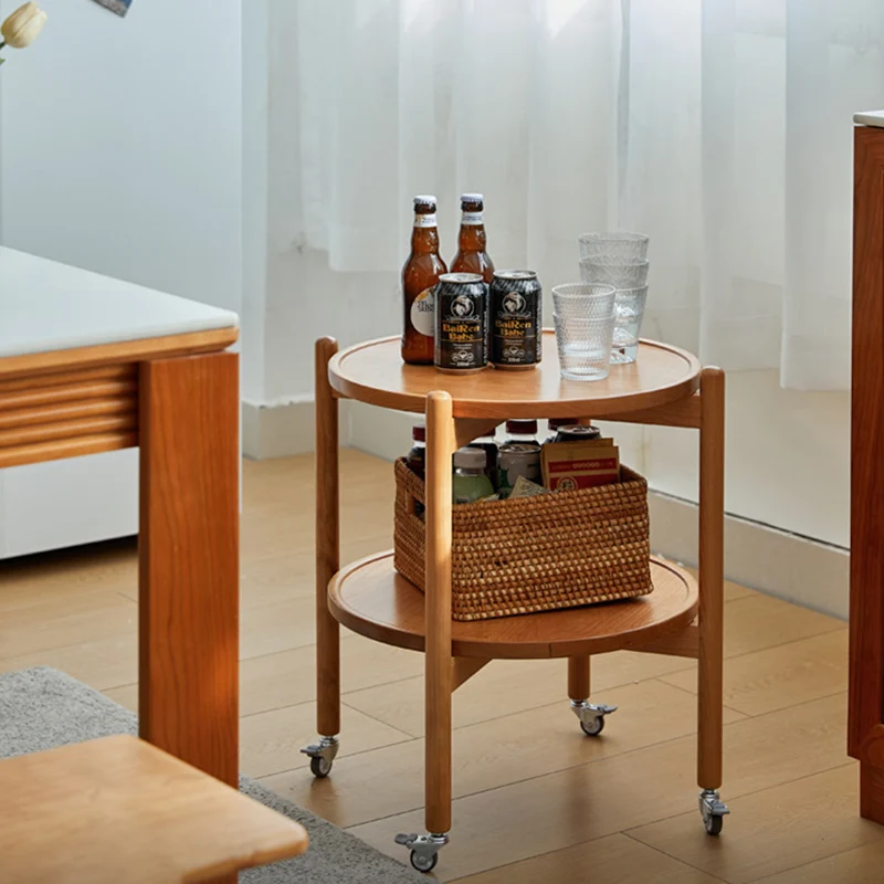 Traditional Japanese Round Cherry Wood Top End Table 2-Tier Casters For Living Room