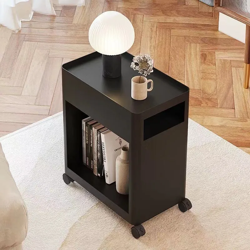 Contemporary Nordic Rectangular Iron Tray Top End Table 2-Tier Storage Shelves Casters For Living Room