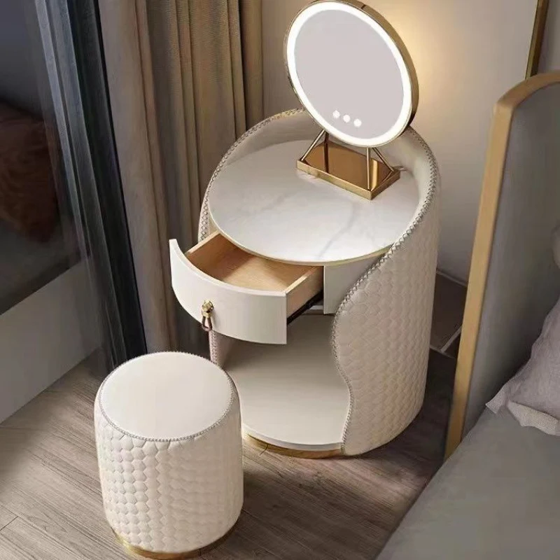 Modern Luxury Round Velvet Solid Wood & Plywood Stone Slab Stainless Steel Makeup Vanity 1-Drawer For Bedroom
