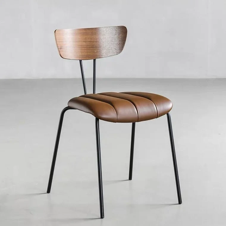 Contemporary Nordic Round Striped Upholstered Plywood Faux Leather Metal Frame Dining Chair Backrest For Dining Room