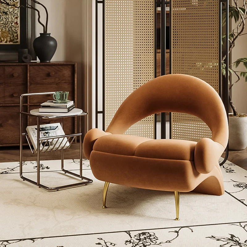 Modern Art Deco Velvet Iron Sponge Oval Sloping Headphone-Shape Leisure Accent Chair Backrest For Living Room