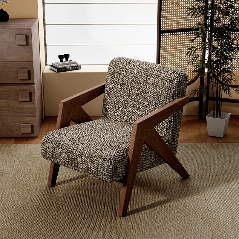 Contemporary Retro Fabric Sponge Rubberwood Square Arrow Accent Chair Backrest Armrest For Living Room