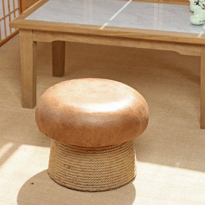 Traditional Japanese Mushroom Poplar Wood Synthetic Fabric Hemp Rope Footstool Backless Armless For Living Room