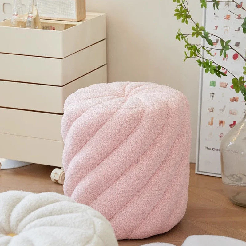 Contemporary Scandinavian Sherpa Fabric Round Vanity Stool For Bedroom