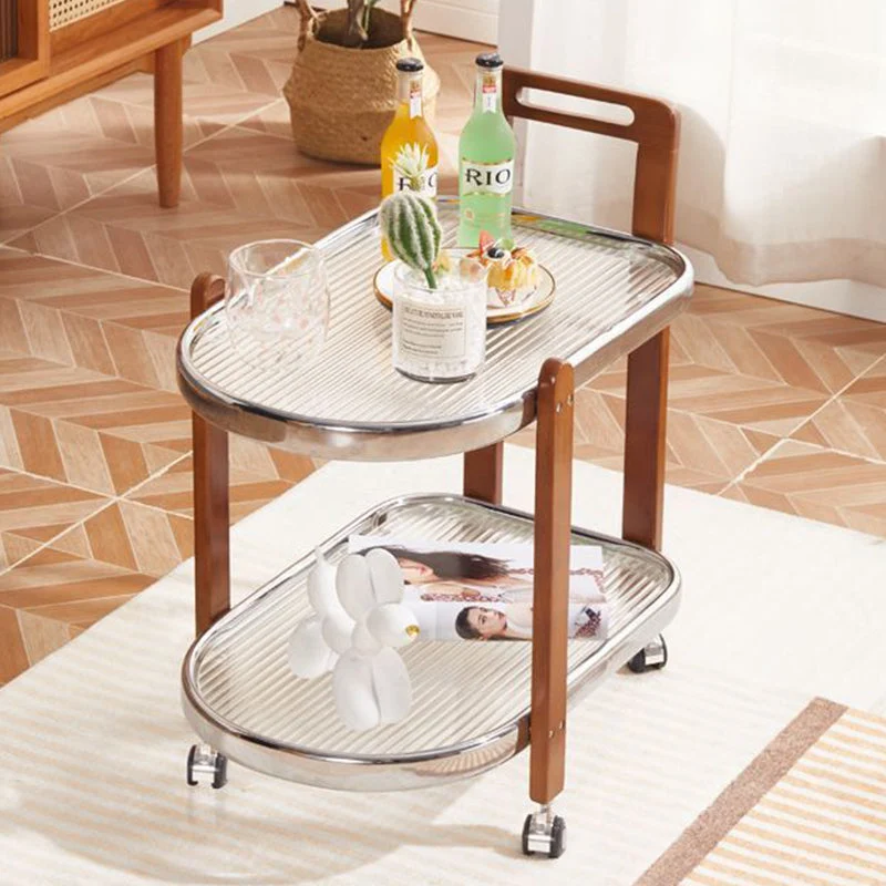 Traditional Japanese Removable Oval Rubberwood Iron Glass End Table 2-Tier For Living Room