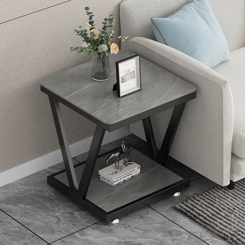 Modern Simplicity Square Stone Slab Carbon Steel End Table 2-Tier For Living Room