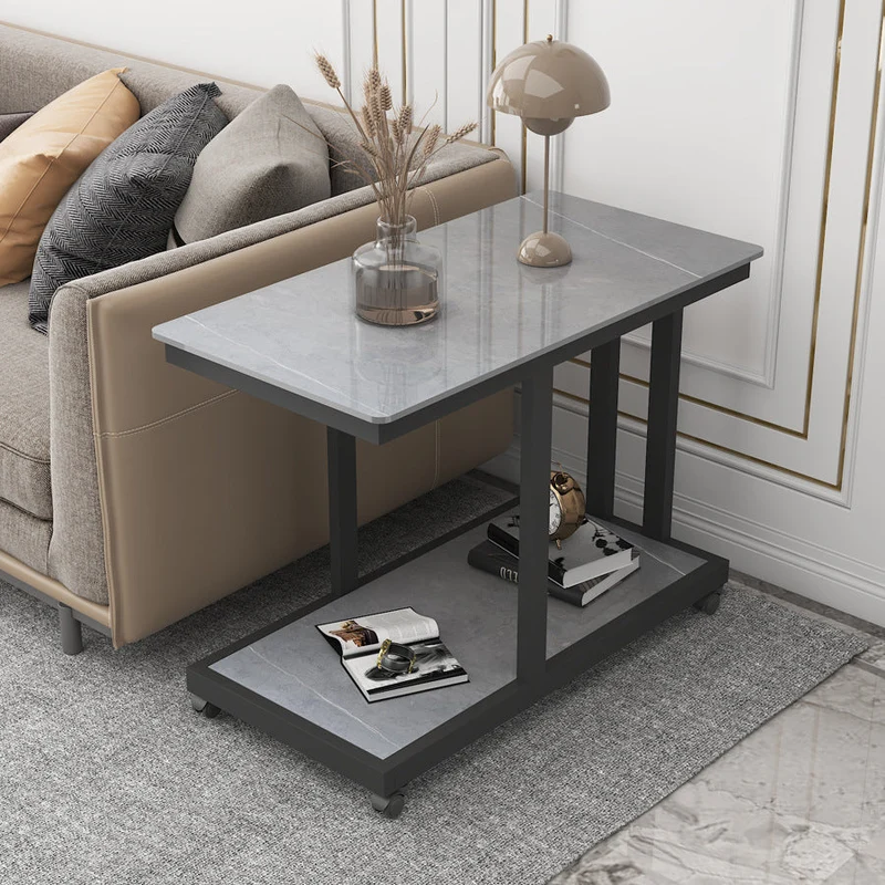 Modern Simplicity Rectangular Stone Slab Steel End Table 2-Tier Movable For Living Room