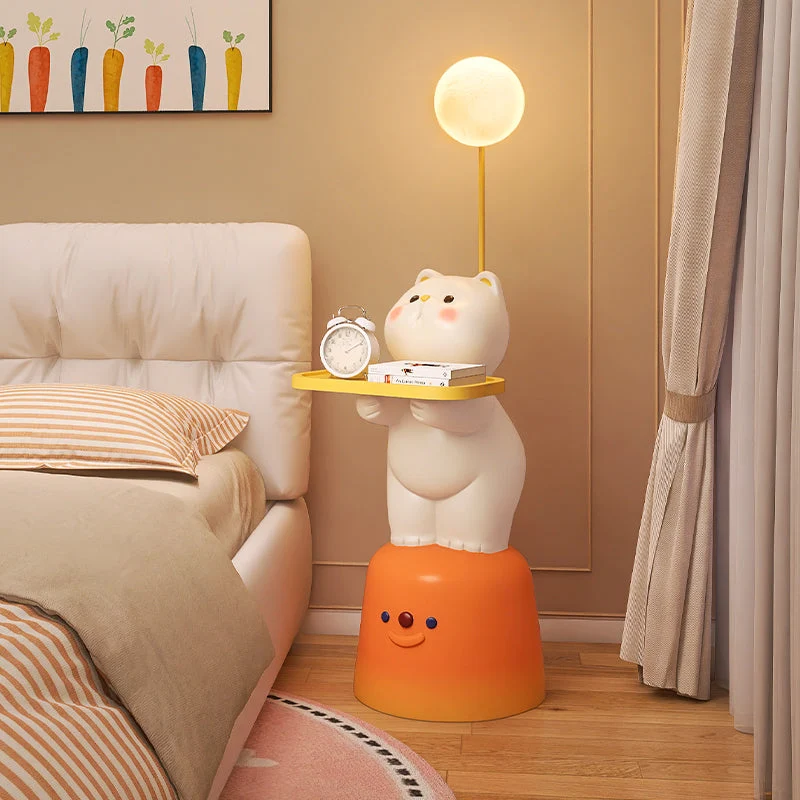 Modern Art Deco Kids Cat Rectangular Resin Metal MDF Soft PVC End Table 1-Tray With LED Light For Bedroom