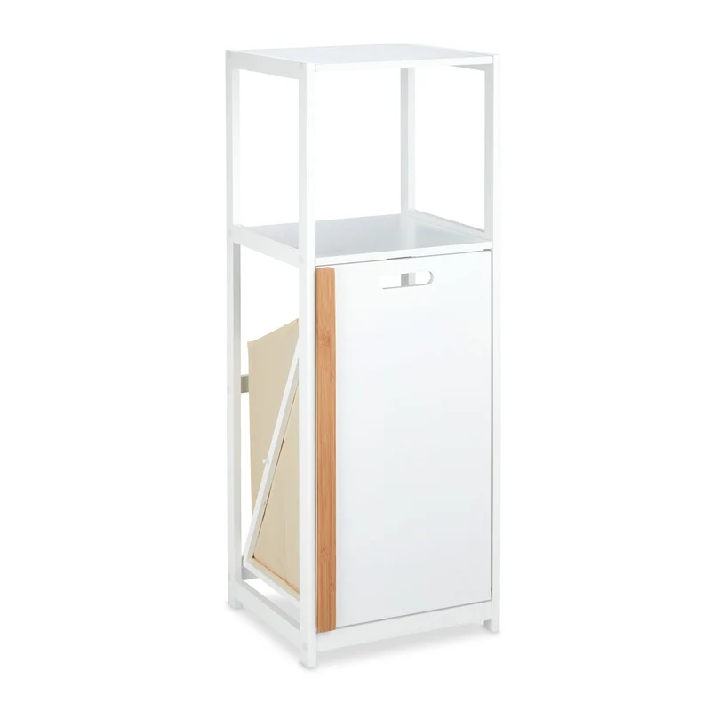 Étagère de salle de bain étroite moderne avec panier à linge pliable 90 x 30 x 80 cm en MDF blanc 13_0010547